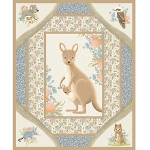 May include: A fabric panel with a central kangaroo and joey illustration, framed by floral and animal motifs. The design includes a koala, kookaburra, bilby, and a wombat. The color scheme is soft, with beige, blue, and floral elements.