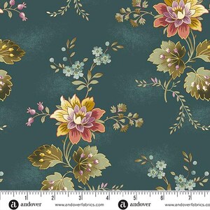 May include: Teal fabric with a floral design. The flowers are a mix of yellow, pink, and purple, with green and brown leaves. Small blue flowers and pink berries are also present. The fabric has a vintage style, with a faded appearance.
