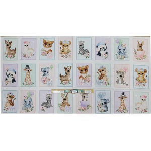 Peut inclure: Un tissu blanc avec un motif répété de 24 animaux illustrés dans des couleurs pastel. Chaque animal est encadré dans un rectangle blanc avec un fond de couleur pastel. Les animaux comprennent une girafe, un panda, un zèbre, un koala, un cerf, un lion, un guépard et un éléphant. Le texte "It's a Boy" apparaît sur certains des cadres.