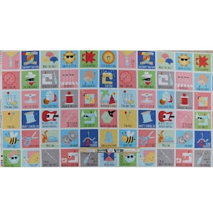May include: A colourful fabric with a repeating pattern of squares. Each square features a different sewing-themed illustration and a humorous saying. The fabric is perfect for quilting, crafting, and other sewing projects.