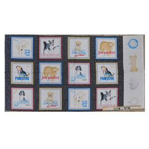 May include: A black and white fabric with a repeating pattern of dogs and dog-related phrases. The phrases include "Wag your tail", "Just pawfect", "Dogs are the best", "Eat sleep play", "Pawsitive", and "Wet noses".