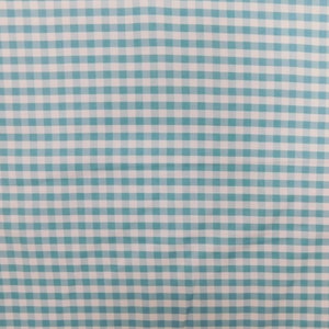 May include: A blue and white gingham fabric with a checkered pattern.