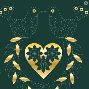 May include: A dark green graphic featuring two birds outlined in dashed white lines facing each other. Below the birds is a central gold heart containing three dark green floral shapes, flanked by two curved branches with gold leaves.
