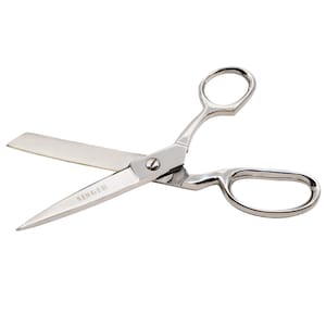 May include: Silver-colored Singer scissors with large finger holes and a wide blade. The word "SINGER" is printed on the blade. The scissors are open, ready for use, and are set against a white background.