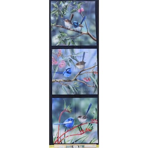 May include: Fabric panel with three panels of watercolour paintings of blue and brown birds on branches with leaves and flowers. The birds have long tails against a blue and green background. The artist's signature is visible.
