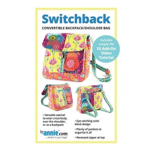 May include: A colourful, quilted Switchback convertible backpack and shoulder bag sewing pattern by Annie.com. The pattern includes a coupon for a £5 add-on video tutorial.