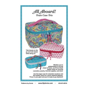 May include: Three train cases in different patterns and colours. The largest case is turquoise and yellow paisley, the medium case is pink with white polka dots, and the smallest case is turquoise with a geometric pattern. The text "All Aboard! Train Case Trio" is at the top of the image.
