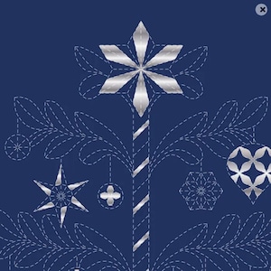 May include: A dark blue fabric featuring a silver embroidered Christmas tree design. The tree is composed of dashed white stitching outlining branches and hanging ornaments, with metallic silver accents on the star and various baubles.