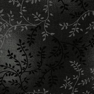 May include: A black fabric featuring a repeating pattern of delicate, light grey vine and leaf motifs. The material has a visible woven texture, with the organic, winding branches creating a continuous, interconnected design across the surface.