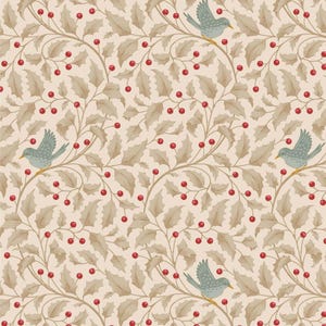 May include: A seamless pattern featuring stylized birds perched on branches with leaves and red berries. The design has a neutral beige background with tan leaves and red berries. The birds are light blue with yellow beaks.
