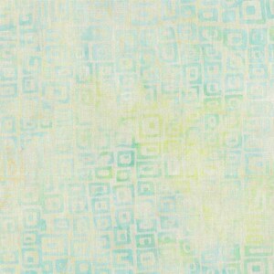 May include: A textile featuring a repeating square design in pale blue and green hues against a cream backdrop. The fabric has a textured look, possibly woven. The overall impression is soft and muted, with a subtle pattern.