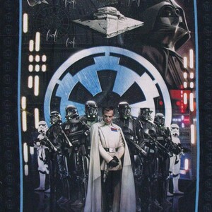 May include: A black and white image of a Star Wars scene featuring a group of stormtroopers standing in front of a dark figure wielding a lightsaber. The scene is set against a backdrop of a star destroyer and the Imperial symbol.