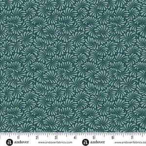 May include: Teal fabric featuring a repeating pattern of swirling, stylized floral designs. The fabric has a dark teal background with lighter teal accents, creating a textured design. Measurements are in inches.