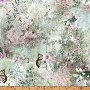 May include: A fabric with a watercolour floral design featuring butterflies, flowers, and foliage in shades of pink, green, and white. The design has a soft, dreamy quality, with a vintage aesthetic.