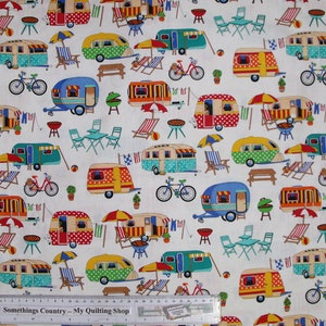 May include: White fabric featuring a repeating pattern of colourful vintage camper trailers, bicycles, beach chairs, picnic tables, and barbecue grills. The trailers are in various colours, including red, blue, yellow, and green, with polka dots and stripes.