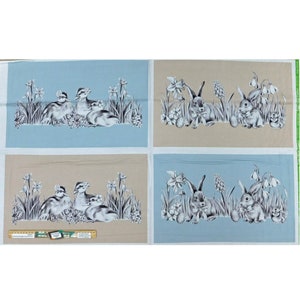 May include: A fabric panel with a repeating pattern of ducklings and bunnies in a spring garden setting. The panel features a light blue and beige background with black and white illustrations of ducklings, bunnies, flowers, and grass.