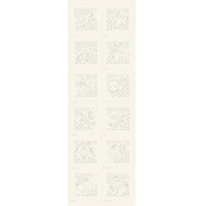 May include: A vertical grid of twelve square panels featuring light grey line art illustrations on a cream background. Each panel depicts nature-inspired motifs including birds, cats, butterflies, dragonflies, lanterns, and floral patterns.