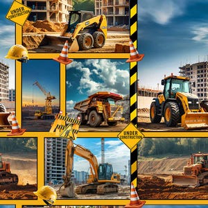 May include: A collage of images showing construction scenes featuring yellow construction equipment, including excavators, dump trucks, and bulldozers. The images are set against a backdrop of blue sky and clouds. The text "Under Construction" appears in yellow on black signs throughout the collage.