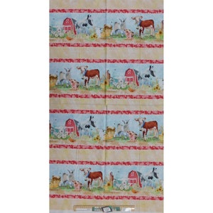 May include: A repeating pattern of farm animals, including cows, pigs, and goats, with a red barn and a blue sky. The pattern is on a beige fabric with red and white stripes.