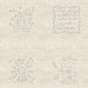 May include: A cream-coloured fabric featuring four hand-drawn illustrations in grey. The illustrations include a flower box with the words "You are loved", a framed quote, a floral design, and stacked teacups with a tea bag. The fabric has a textured appearance.