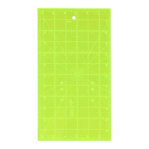 May include: A rectangular lime green quilting ruler featuring white grid lines, metric markings, and diagonal angle guides. The tool includes a circular hanging hole at the top centre and clear numerical indicators for precise measuring and cutting.