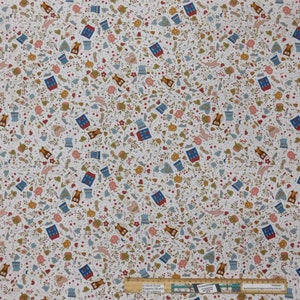 May include: White fabric with a repeating pattern of small, colourful illustrations. The pattern includes houses, birds, teacups, hearts, and other whimsical designs. The fabric is perfect for quilting, crafts, and other sewing projects.