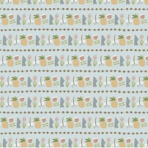 May include: A seamless pattern featuring a repeating design of pineapples, birds, flowers, and a beaded border on a light blue background.
