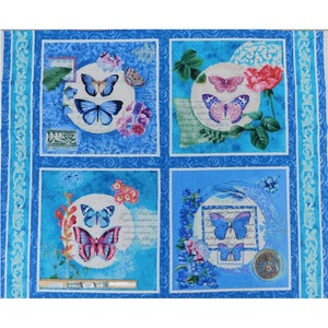 May include: A blue fabric with a repeating pattern of four squares. Each square features a white circle with a butterfly and floral designs. The background of the fabric is a light blue with a white floral pattern.