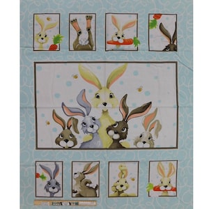 May include: A light blue fabric featuring a repeating pattern of cartoon bunnies in rectangular frames. The bunnies are in various poses, some holding carrots. The central panel shows a group of bunnies with bees, all on a white background.
