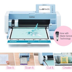 Op de afbeelding: Lichtblauwe Brother ScanNCut DX snijmachine met een witte snijmat. De machine heeft een digitaal display en de tekst "ScanNCut DX". De afbeelding toont ook de stappen: Bekijk het, Scan het, Snijd het, Cre&euml;er het.