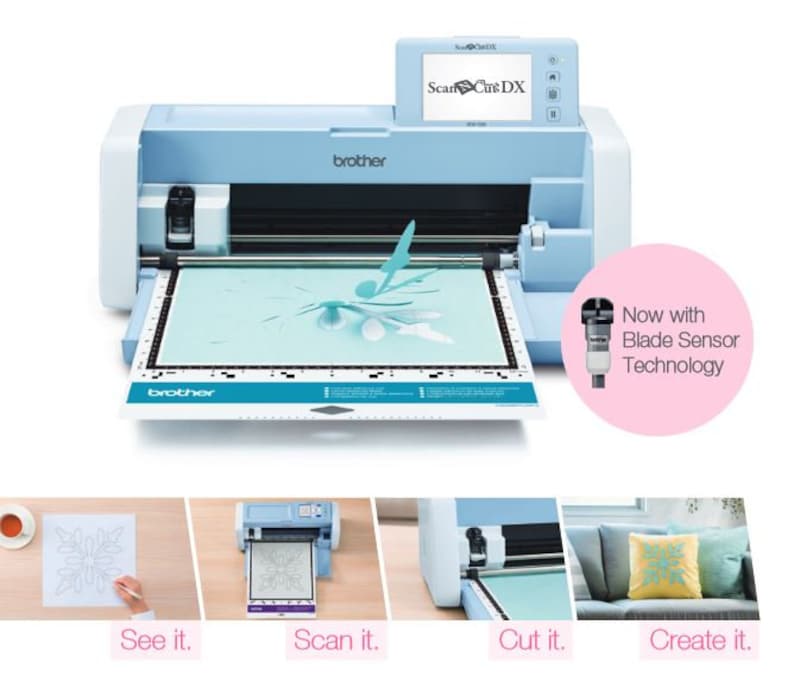 Op de afbeelding: Lichtblauwe Brother ScanNCut DX snijmachine met een witte snijmat. De machine heeft een digitaal display en de tekst "ScanNCut DX". De afbeelding toont ook de stappen: Bekijk het, Scan het, Snijd het, Cre&euml;er het.