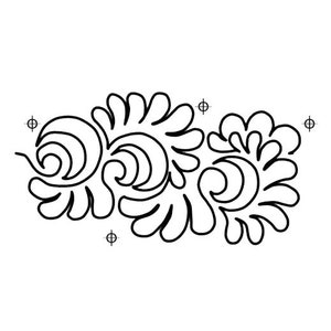 May include: Black and white line art illustration of a stylised floral design with swirling patterns and rounded petals.