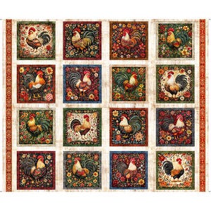 May include: A fabric panel featuring a repeating pattern of rooster illustrations. Each rooster is surrounded by floral designs in a square frame. The roosters have red combs and colorful plumage, set against a cream-colored background.