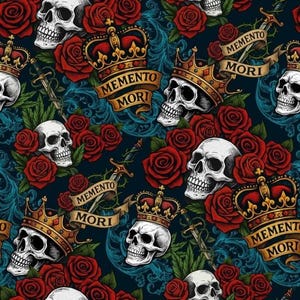 May include: A repeating pattern featuring white skulls, red roses, gold crowns, and banners with the text "Memento Mori" on a dark teal background. The design includes swords and ornate floral elements.