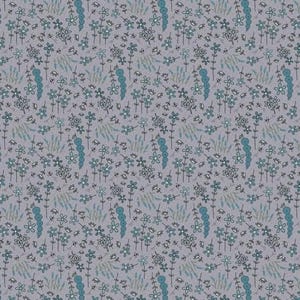 May include: A seamless pattern featuring a variety of blue and green floral designs on a light grey background. The pattern includes flowers, leaves, and stems.