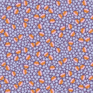 May include: A repeating pattern featuring orange and pink flowers with green stems on a periwinkle background. The flowers are bell-shaped and scattered across the design. The background is filled with small, light purple dots.