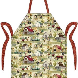 May include: An apron with a farmyard design, featuring red handles and ties. The pattern includes barns, roosters, sunflowers, and vintage trucks. The handle and ties have a red floral pattern.