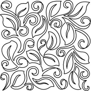 May include: A black and white line drawing of leaves and swirling vines. The design shows a repeating pattern of stylized leaves and curved stems, creating a symmetrical and organic composition. Suitable for craft projects.
