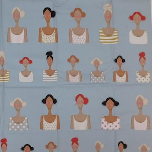 May include: A blue fabric with a repeating pattern of stylised women's torsos. The women have different hair colours and styles, and are wearing different patterned tank tops.