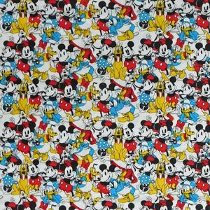 May include: A white fabric with a repeating pattern of cartoon characters. The characters are Mickey Mouse, Minnie Mouse, Donald Duck, Goofy, and Pluto. The characters are all wearing their signature colours and are in various poses. The fabric is perfect for quilting, sewing, and crafting.