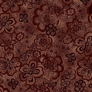 May include: A repeating floral pattern in brown and burgundy hues. The design features various flower types with dark outlines, set against a textured background. The overall look is reminiscent of vintage botanical prints, with a warm, earthy colour palette.