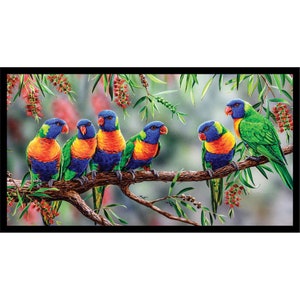 May include: Six colourful lorikeets perched on a branch with green leaves and red flowers. The birds have blue, green, orange, and yellow feathers.