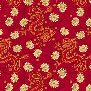 May include: A red background with a repeating pattern of gold dragons and white flowers. The dragons are stylized and have a traditional Chinese design.