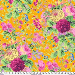 May include: A vibrant floral fabric featuring a repeating pattern of pink, yellow, and purple roses with green leaves on a bright yellow background.