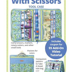 May include: A blue and green fabric tool case with the text "Running With Scissors" and "Tool Case". The case has multiple pockets and compartments for scissors, markers, and other small tools. Includes a coupon for a video tutorial.