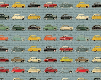 May include: A repeating pattern of vintage cars in various colors, including yellow, red, and green, against a light blue background. The design features classic car illustrations and automotive-related text.