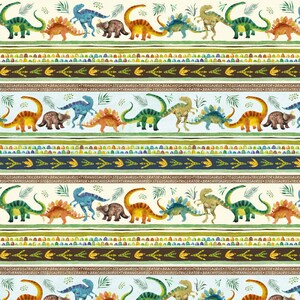 May include: A repeating pattern featuring watercolour dinosaurs in green, blue, orange, and brown. The design includes horizontal stripes with text and leaf accents, creating a playful and educational theme.