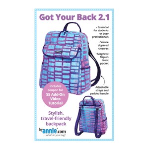 Puede incluir: Mochila elegante y de viaje con un patrón geométrico azul y morado. Cuenta con cierres de cremallera seguros, una solapa magnética en el bolsillo delantero y correas ajustables. El texto "Got Your Back 2.1" está en la parte superior.