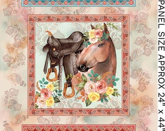 May include: Fabric panel with three framed scenes featuring Western themes. The top frame shows a horseshoe, spur, and wagon wheel with floral accents. The middle frame displays a horse with a saddle. The bottom frame has cowboy boots and a hat.
