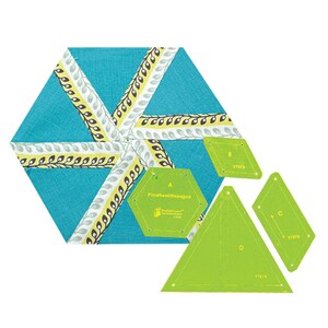 May include: Green quilting templates for a pinwheel hexagon pattern. The templates are labelled A, B, C, and D. Template A is a hexagon, and templates B, C, and D are diamond shapes.